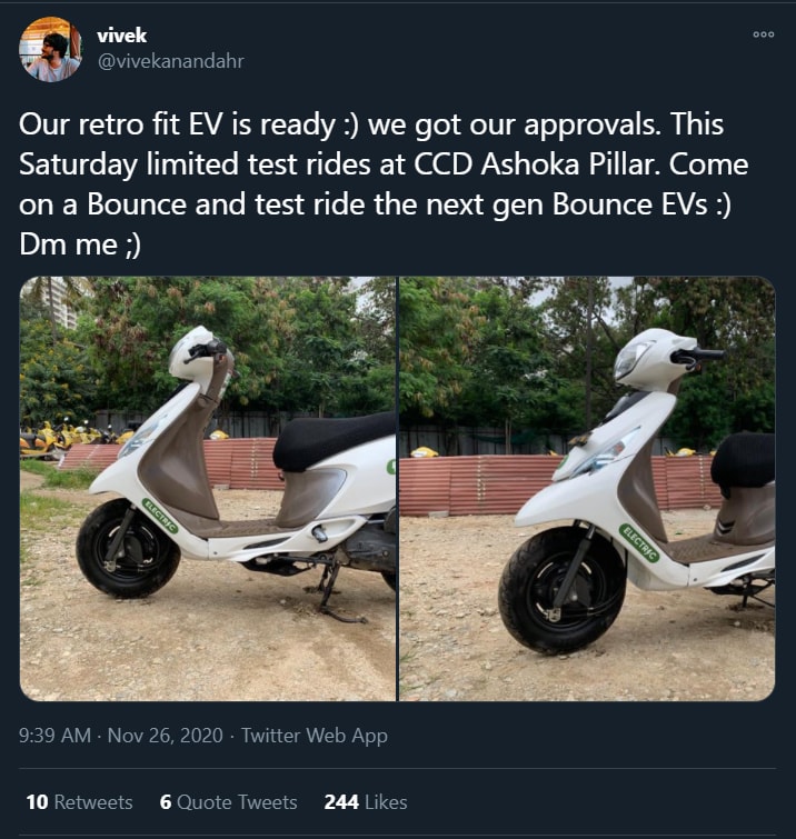 Bounce Gets Approval For Its Electric Scooter, Test Ride Begins Saturday