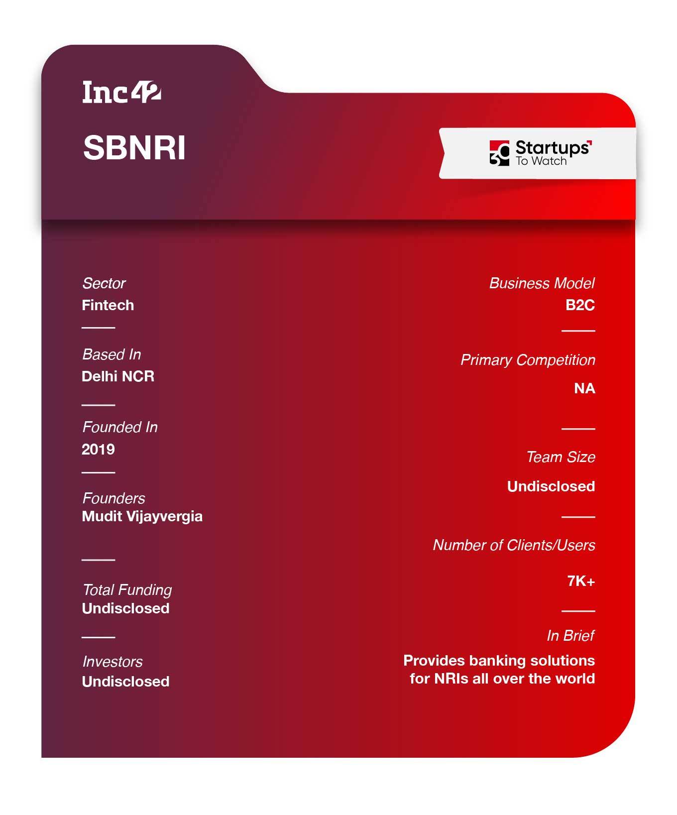SBNRI Why SBNRI Made It To The List SBNRI focuses on a niche Indian segment, which is non-resident Indians (NRIs). The Delhi NCR based startup has partnered with multiple banks in India for easing out NRI banking experience through its platform. The startup will soon be launching a mobile app to help NRIs with services such as opening an NRI bank account at ease. It claims that the users can sign up directly for the account from their phones and earn up to 7% tax-free tax deposit rate along with other services. Already 7,633 NRIs from 30 cities have signed up and joined its waitlist. The startup claims that it will give priority to those who have already registered. They will also be informed regularly about the latest changes and amendments concerning NRI rules. SBNRI is open to all geographies around the world with an initial focus on the USA, Canada, UK, Malaysia, GCC and Africa.