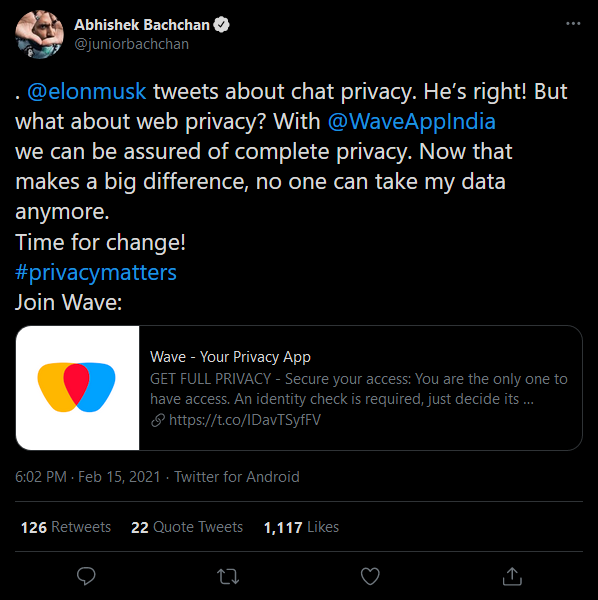 Abhishek Bachchan Tweet On Wave Privacy browser app
